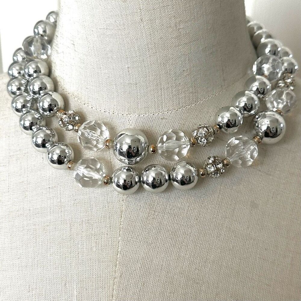 Silver tone rhinestone long necklace